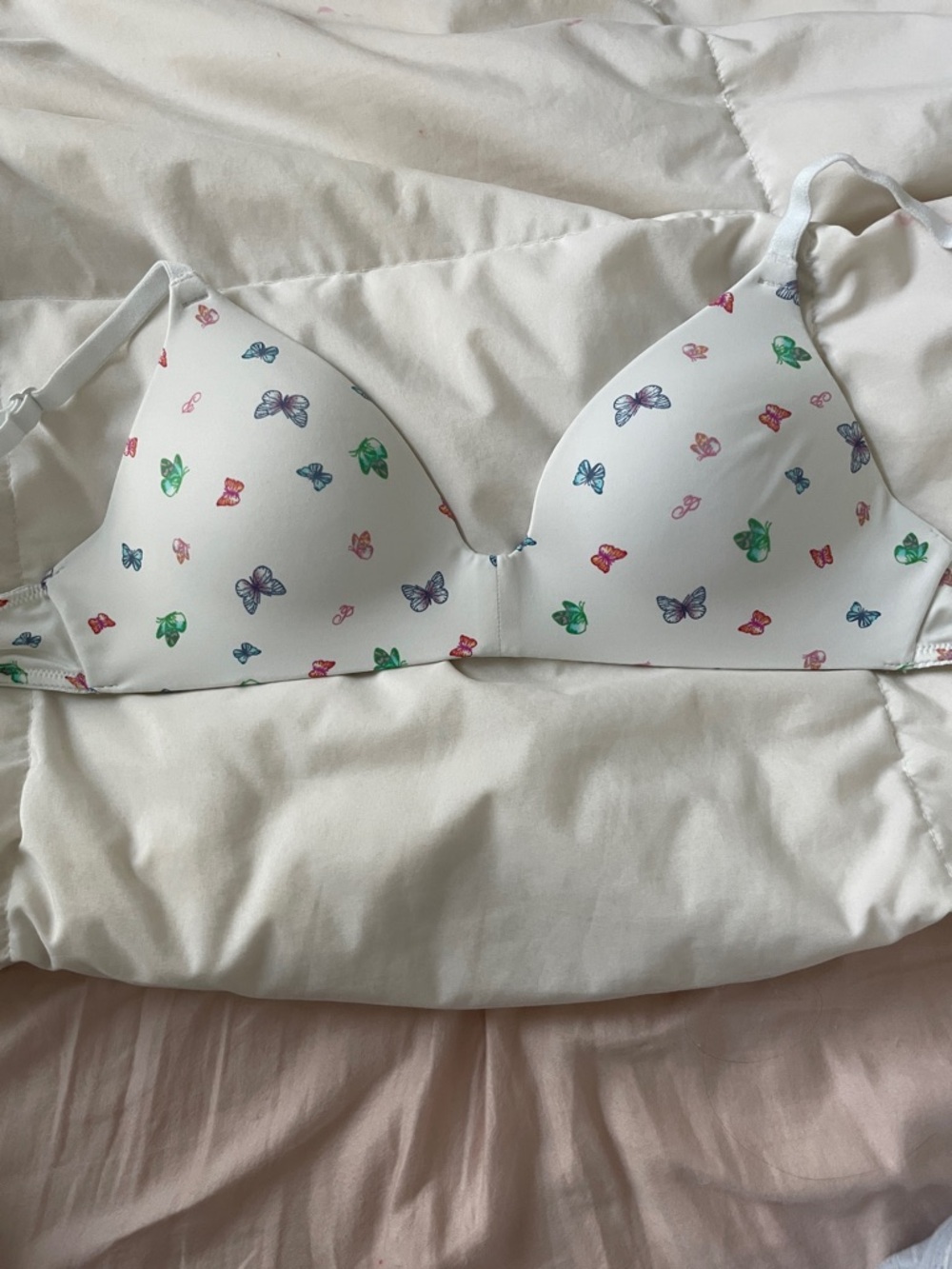 PINK Victoria's Secret White Bra with Multicolor Butterfly Print